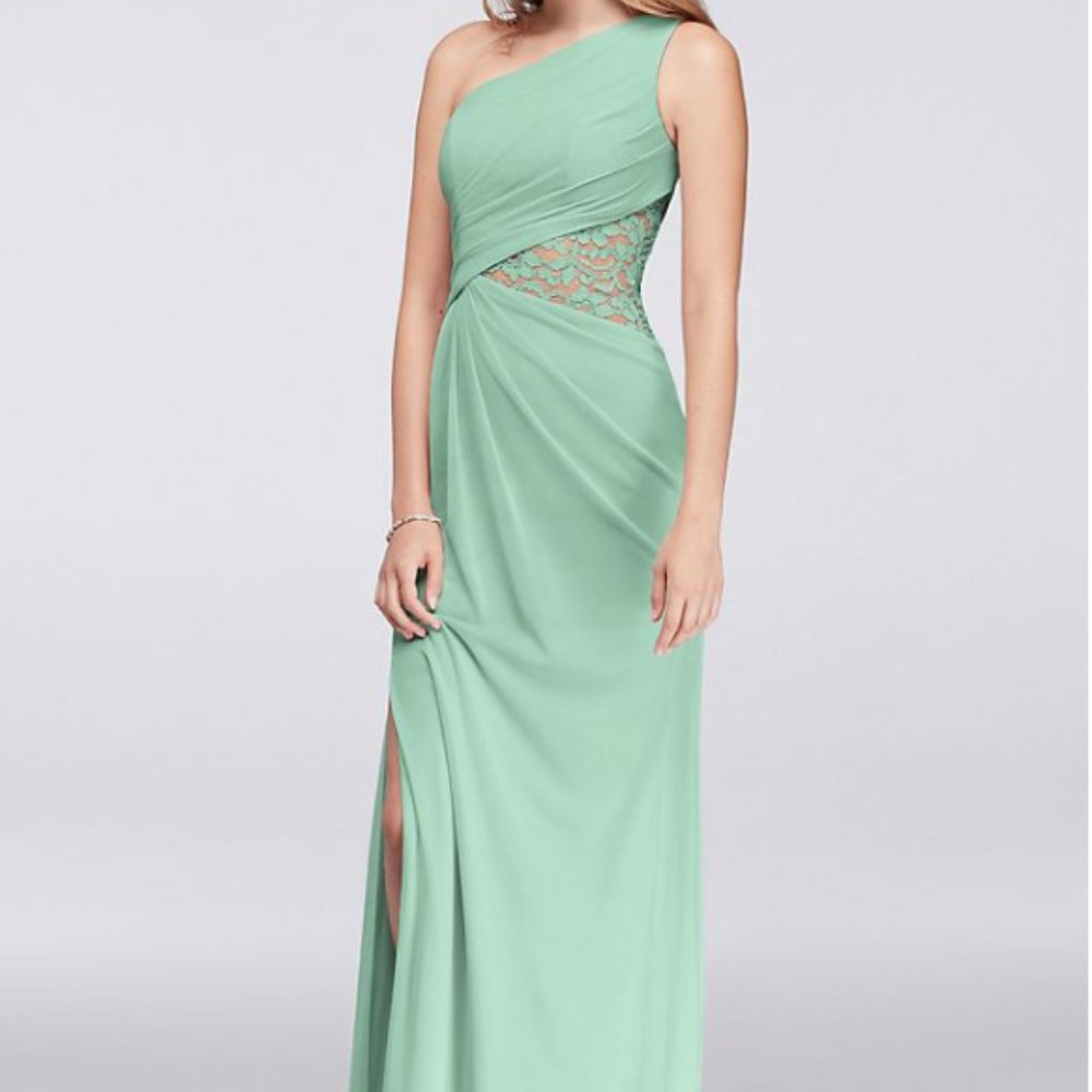 David's Bridal One-Shoulder Mesh Dress with Lace Inset - Mint